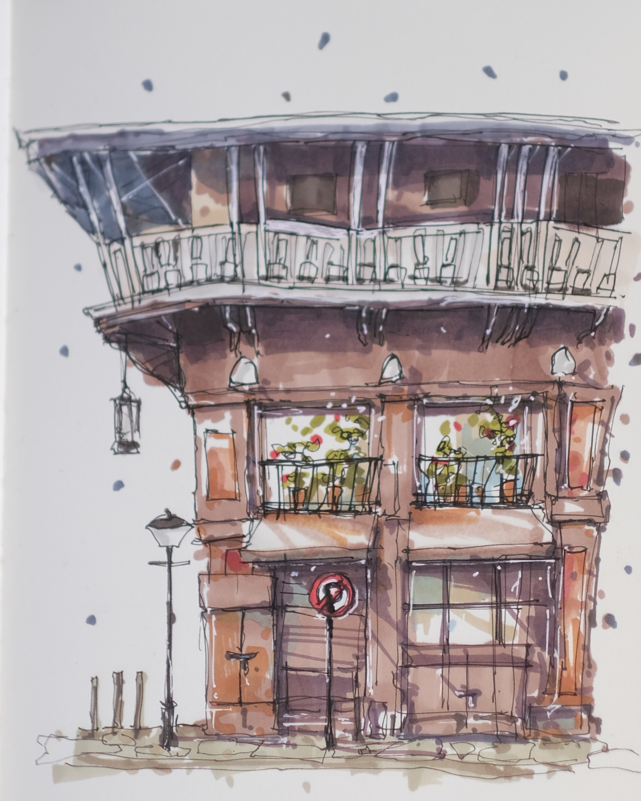 Watercolor architectural study of a house with a balcony