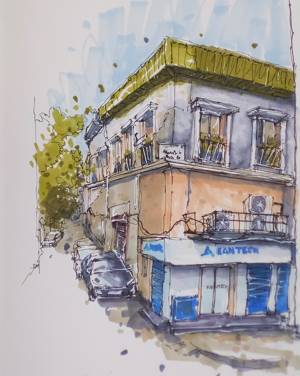 Watercolor study of a corner shop