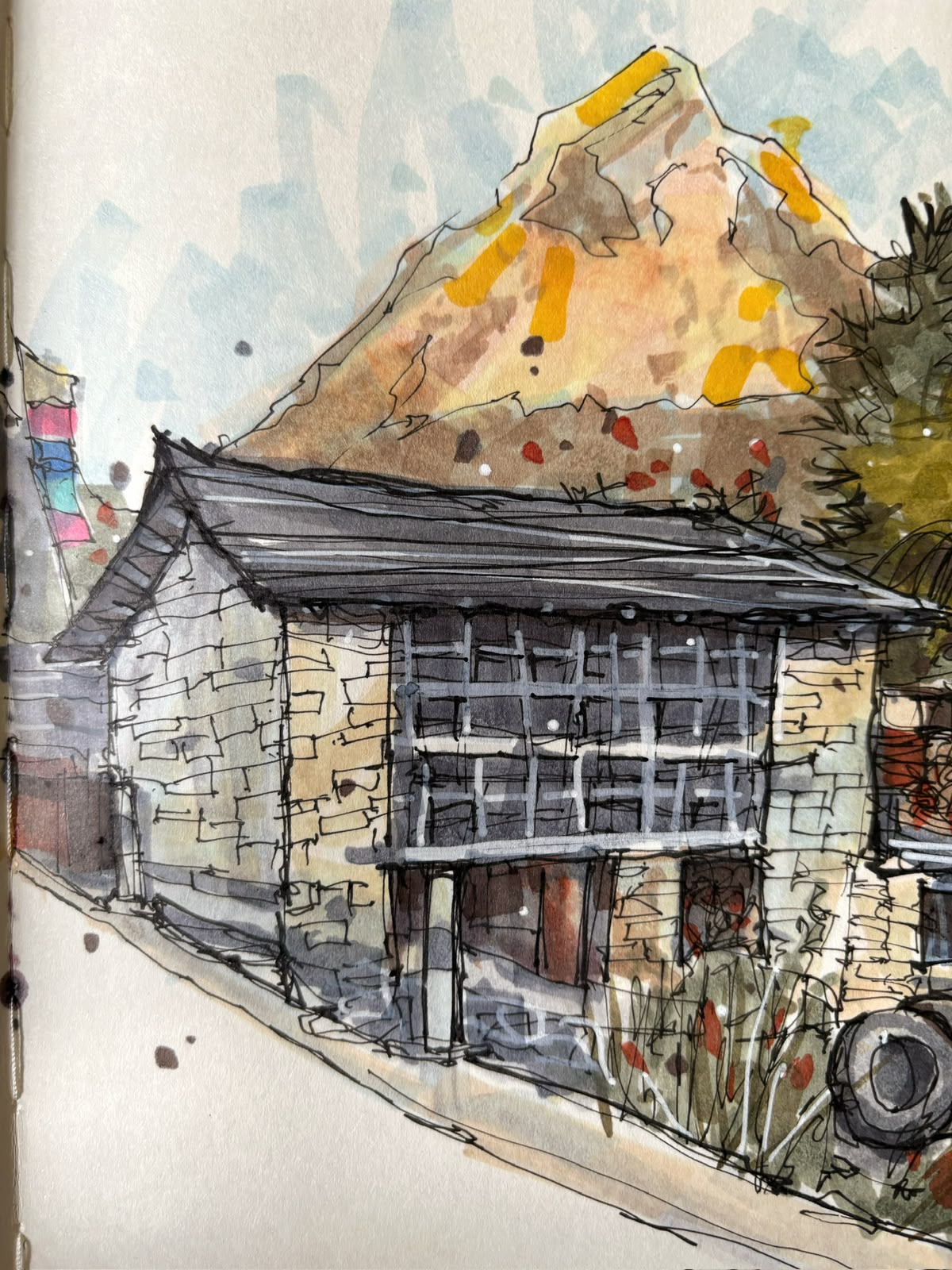 Watercolor study of a house in a mountain landscape