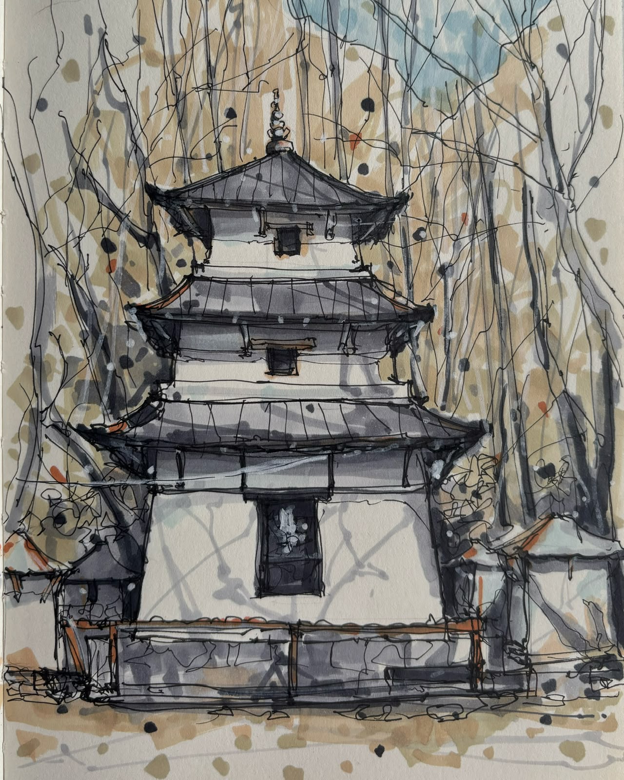 Watercolor study of a mountain shrine