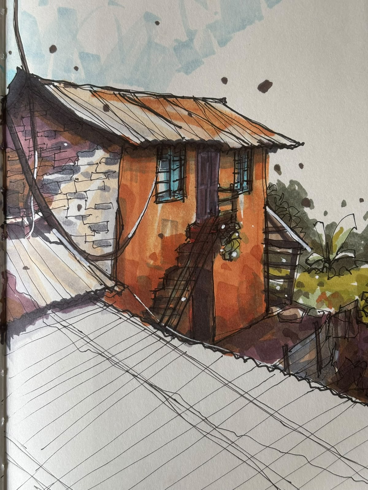 Watercolor study of a house and rooftop