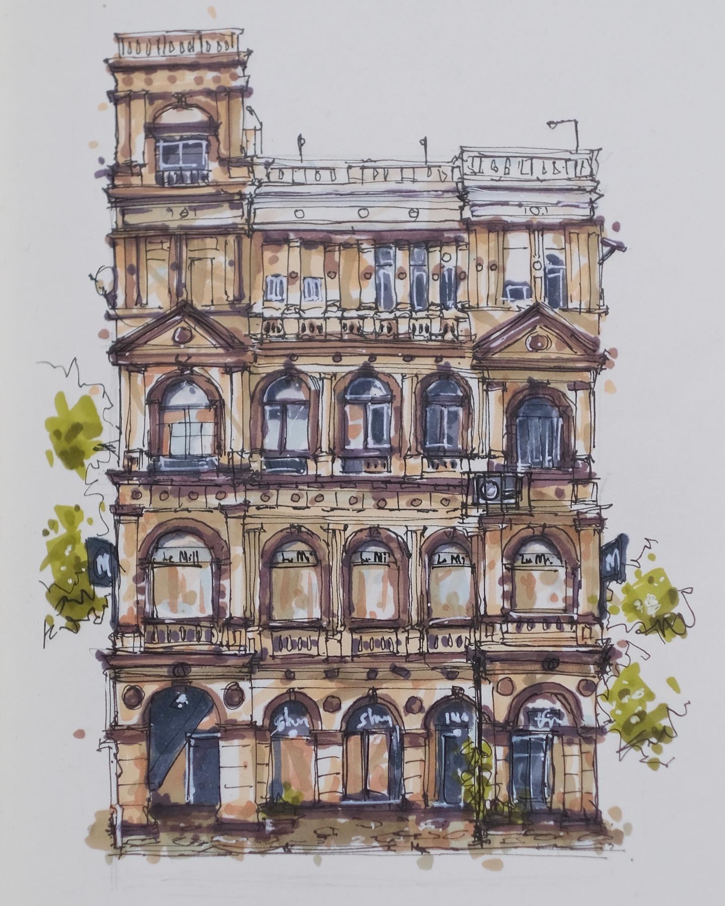 Watercolor architectural study of an ornate heritage facade
