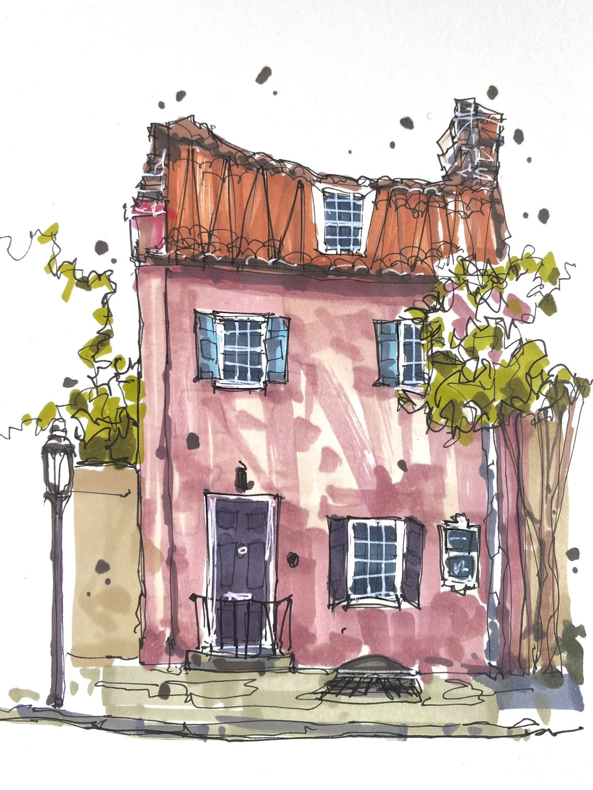 Watercolor study of a pink house