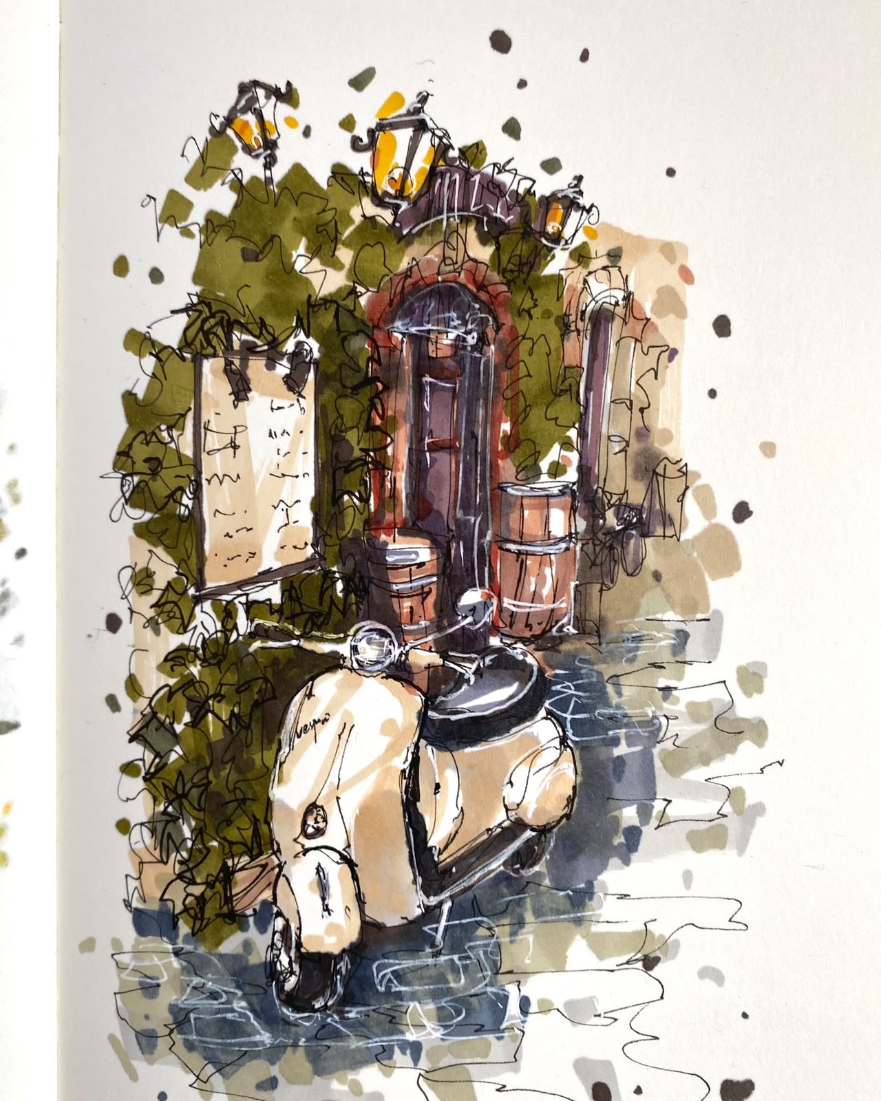 Watercolor street study with a doorway and scooter