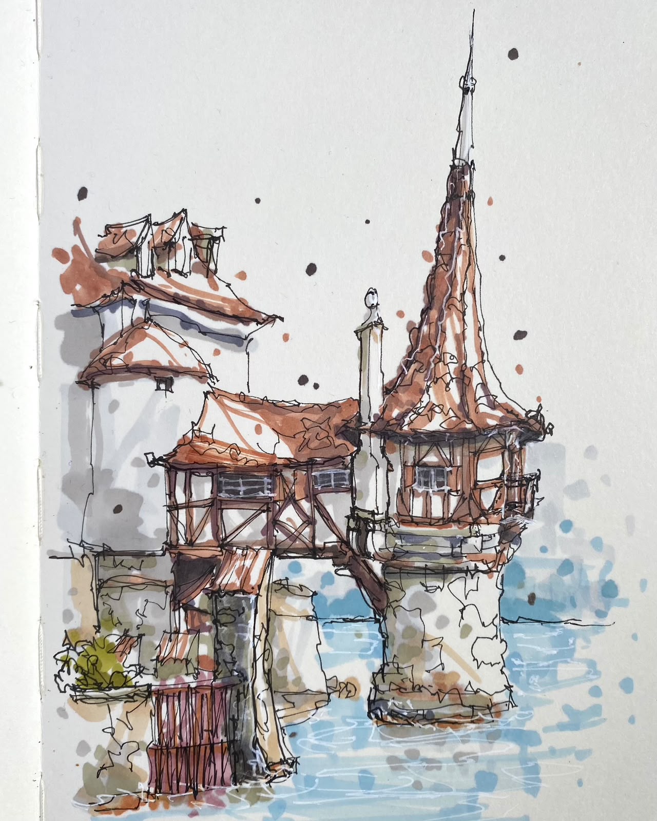 Watercolor study of architecture beside water