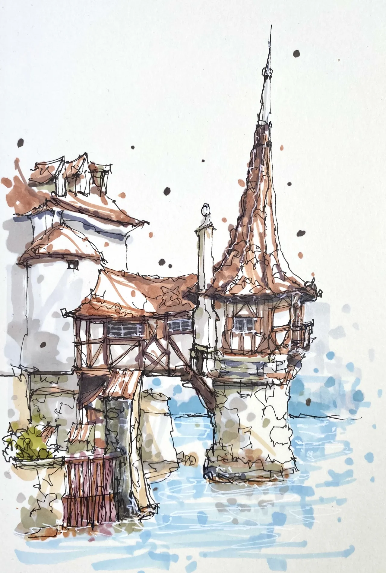 Watercolor and ink sketch of a seaside fort with a steep timbered roof and spire, rising on stone piers above the water